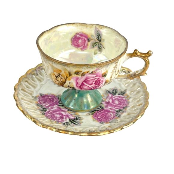 Vintage Lusterware Gilded Fine China Pearlized Tea Cup Reticulated Saucer Japan - Picture 3 of 9